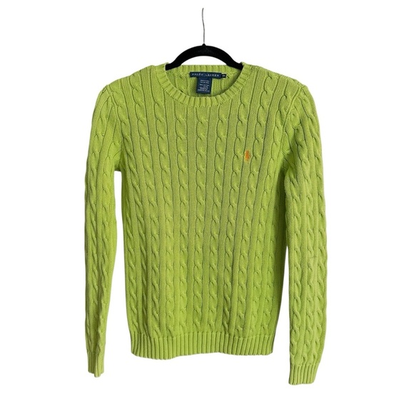 RALPH LAUREN Lime Green Cable Knit Cotton Sweater Women’s Preppy Pullover Size M - Picture 1 of 12